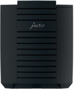 Schwarzer Jura S8 Kaffeevollautomat mit Türmigem Gehäuse, Frontlüftungsgitter und Jog-Logo; kompakt, Touchscreenoptional, App-Steuerung sichtbar.