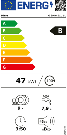 Geschirrspüler G 5940 SCU SL in Miele-Optik mit Energieeffizienzklasse B, 9 Maßgedecke, 47 kWh/Jahr, 7,9 L Verbrauch, leise 43 dB, 3:50 Laufzeit, Symbolik für 9 Maßgedecke.