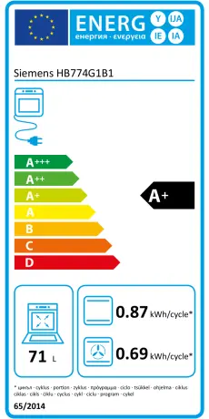 Siemens HB774G1B1 Kühl- oder Backofen-Energieeffizienz-Label: A+++ bis D Skalenpfeile, 71 L Volumen, 0,87 kWh/cycle Backofen-Icon und 0,69 kWh/cycle Heizelement. Energiestatus im EU-Label.